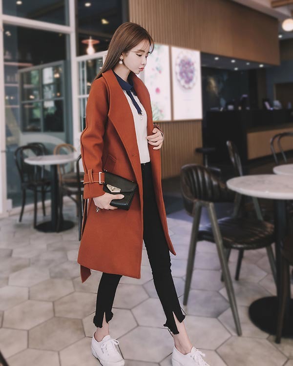 韓流繫帶毛呢風衣