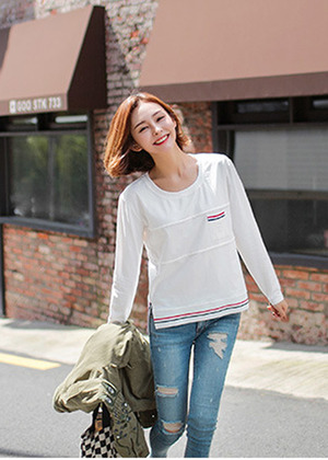 寬鬆百搭口袋切割設計長袖上衣