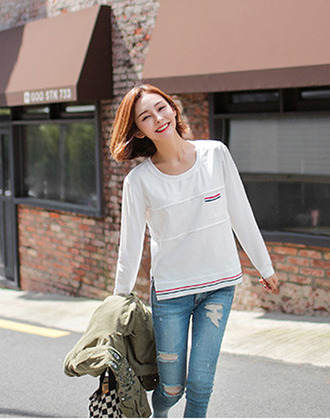 寬鬆百搭口袋切割設計長袖上衣