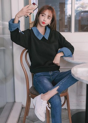 寬鬆顯瘦牛仔假兩件套頭上衣