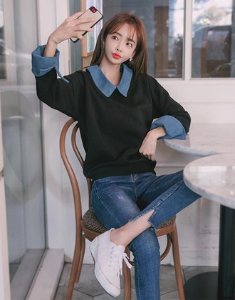 寬鬆顯瘦牛仔假兩件套頭上衣