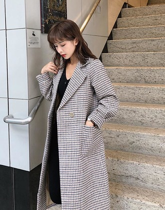 千鳥格復古中長款毛呢大衣外套