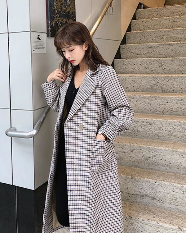 千鳥格復古中長款毛呢大衣外套