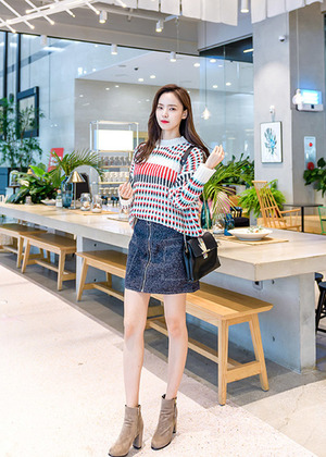 寬鬆長袖針織衫條紋圓領毛衣