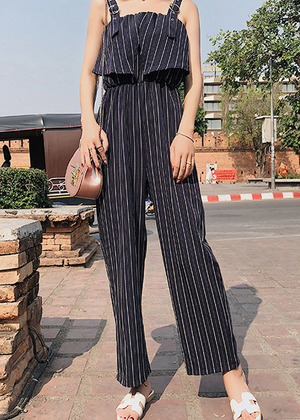 條紋寬版連身吊帶褲