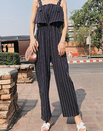 條紋寬版連身吊帶褲