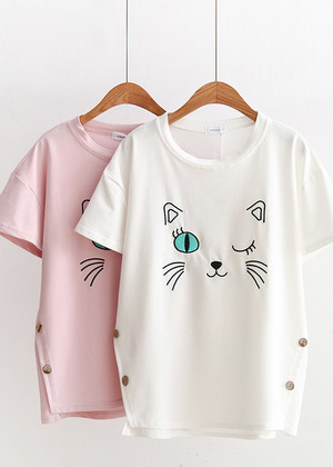 小清新小貓刺繡短上衣