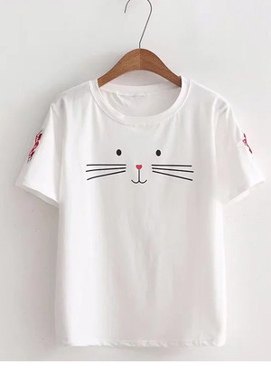 可愛貓臉印花短袖棉T恤