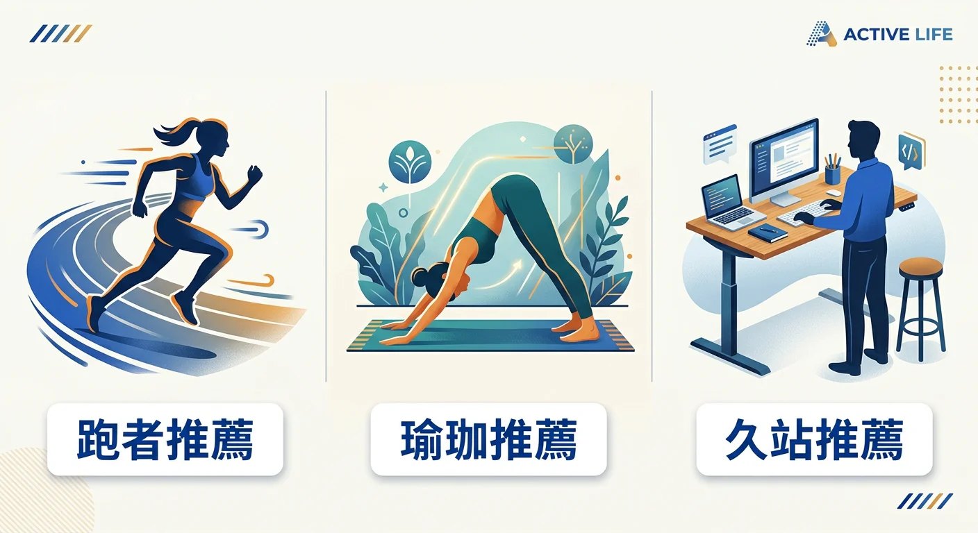 三個運動場景示意圖橫向排列：左側跑步場景（跑道跑步剪影）、中央瑜珈場景（下犬式剪影）、右側久站場景（站立工作示意），每個場景下標示「跑者推薦」「瑜珈推薦」「久站推薦」，配色統一使用品牌主色系