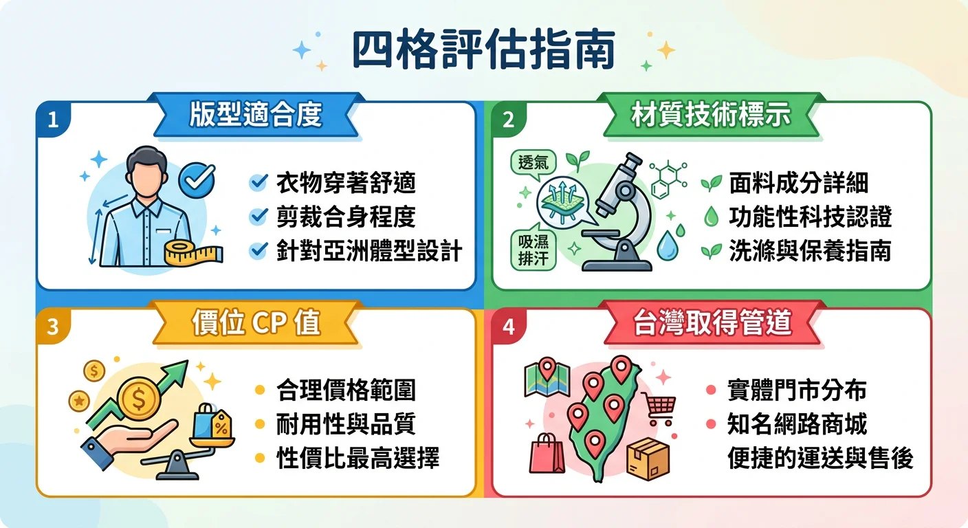 四格評估指南圖示，分別代表版型適合度、材質技術標示、價位 CP 值、台灣取得管道四個維度