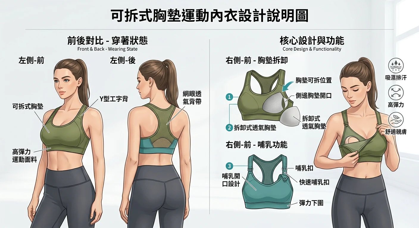可拆式胸墊運動內衣設計說明圖，前後對比，清楚標示胸墊可拆位置與哺乳開口設計，畫面乾淨清晰