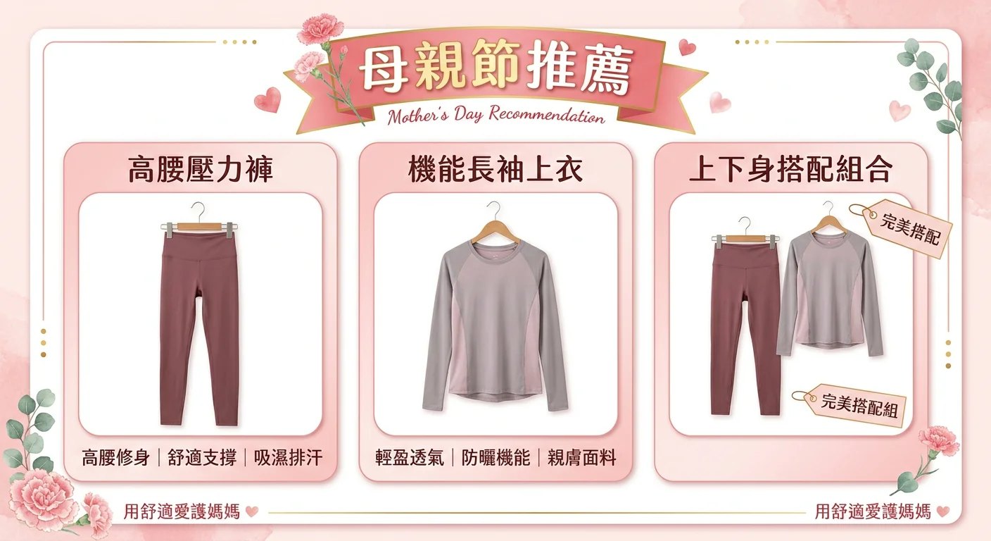 母親節推薦商品圖卡，呈現 3 款商品：高腰壓力褲、機能長袖上衣、上下身搭配組合，商品以乾淨白底呈現，配上「母親節推薦」標籤，溫柔粉色調設計