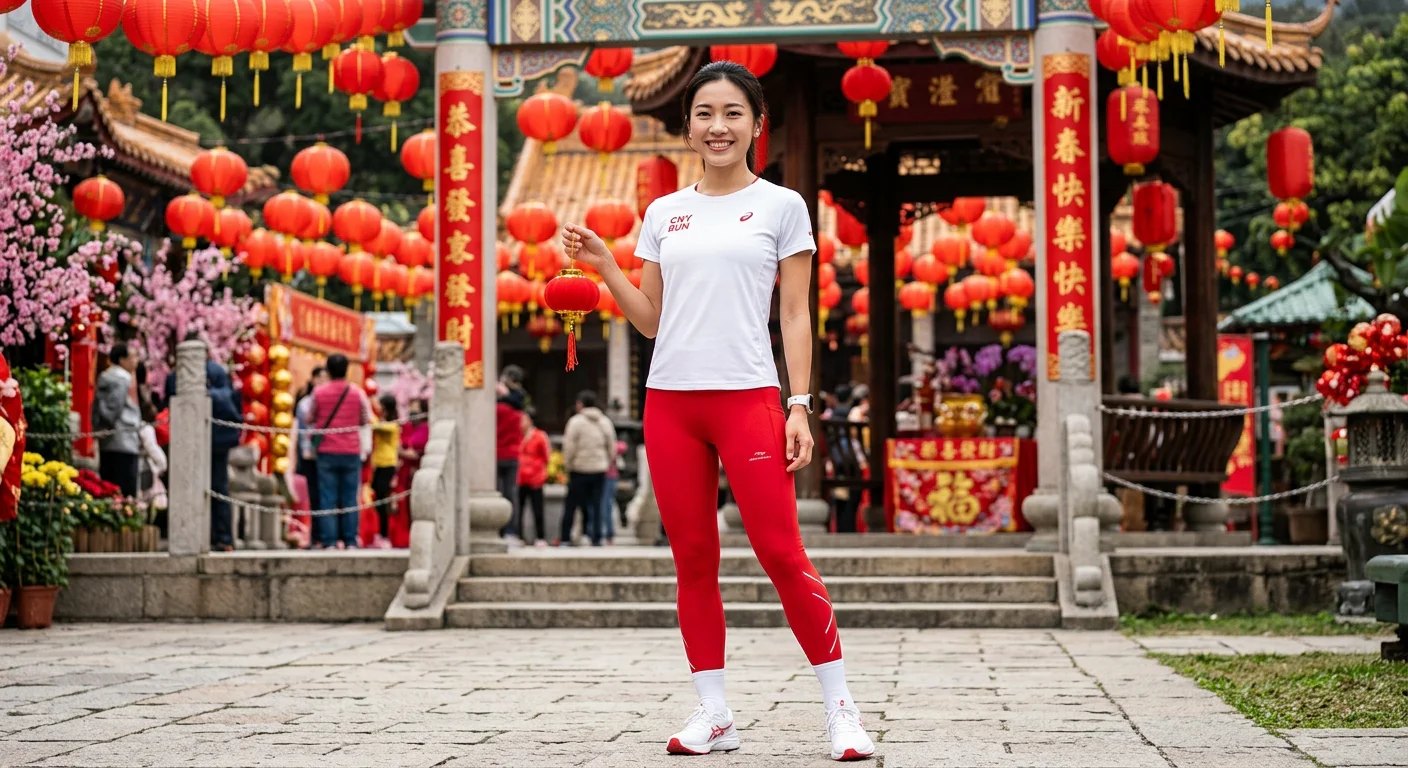 春節主題運動穿搭：亮紅色壓力褲搭配白色機能上衣，背景是紅色燈籠裝飾的戶外場景，穿搭清爽有節慶感但不誇張
