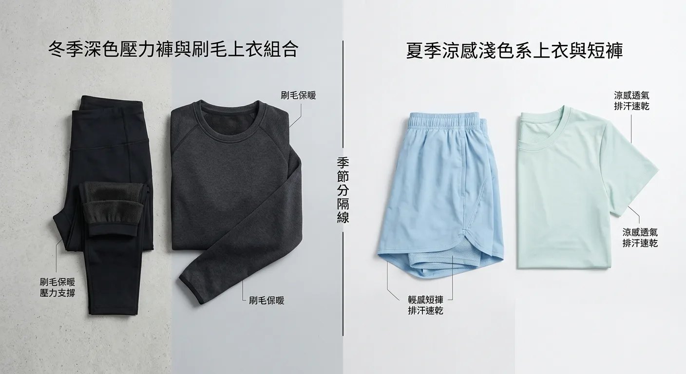 ANN RENA REYES 產品系列平面展示：左側是冬季深色壓力褲與刷毛上衣組合，右側是夏季涼感淺色系上衣與短褲，中間用季節分隔線區分，乾淨簡潔的品牌風格