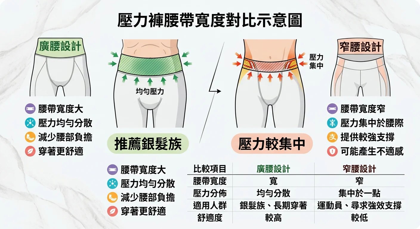 壓力褲腰帶寬度對比示意圖，左側廣腰設計（標示「推薦銀髮族」），右側窄腰設計（標示「壓力較集中」），版面清晰標示兩者差異