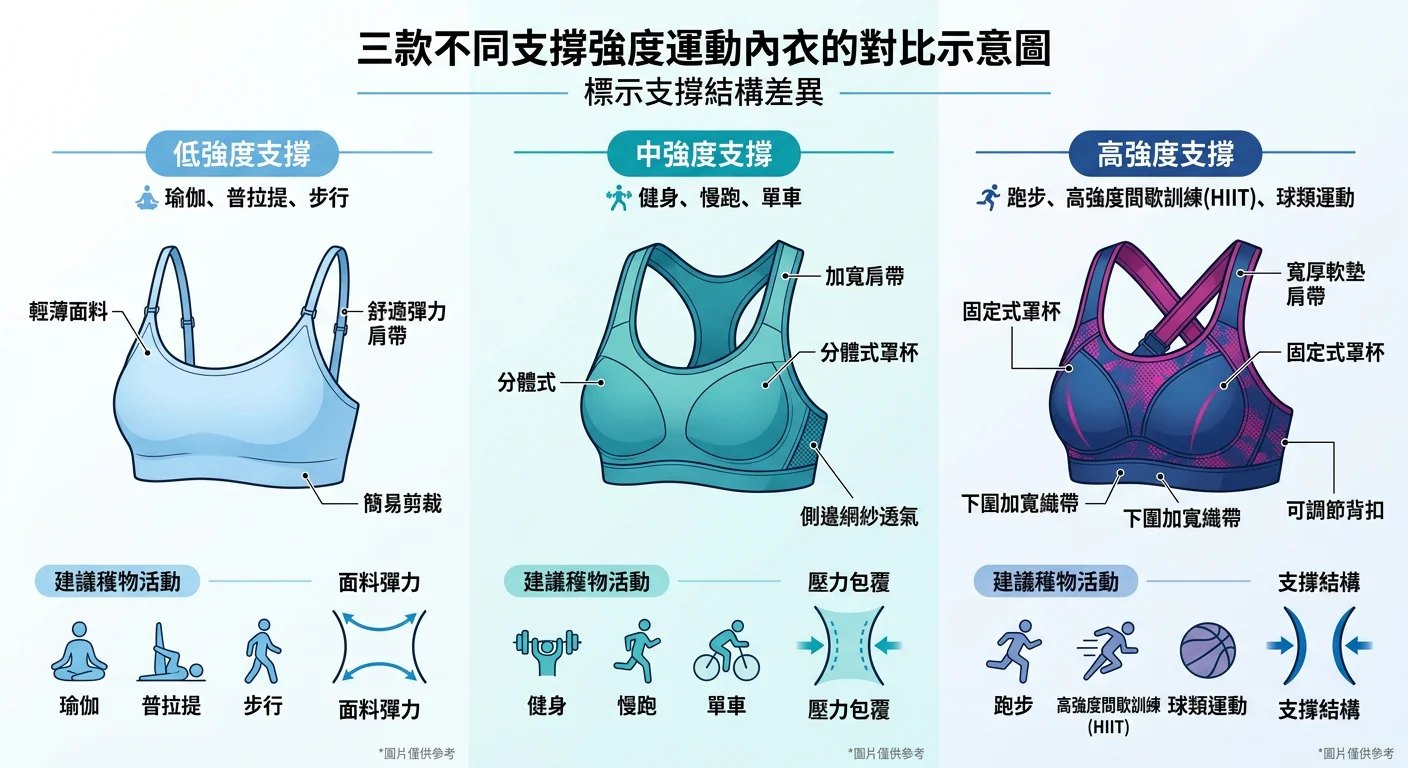 三款不同支撐強度運動內衣的對比示意圖，低中高強度各一款，標示支撐結構差異
