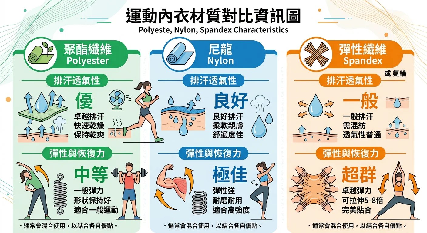 運動內衣材質對比資訊圖，標示 Polyester、Nylon、Spandex 各自的排汗和彈力特性，搭配圖示說明