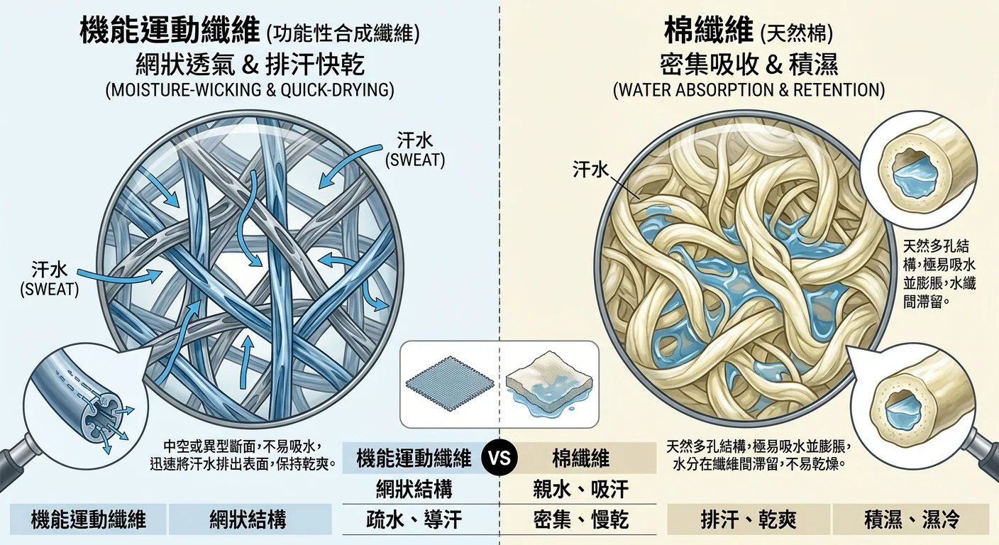 機能運動纖維 vs 棉纖維材質放大比較圖——左半顯示機能纖維的網狀透氣結構（標注排汗快乾），右半顯示棉纖維密集吸收後積濕示意，清晰說明差異