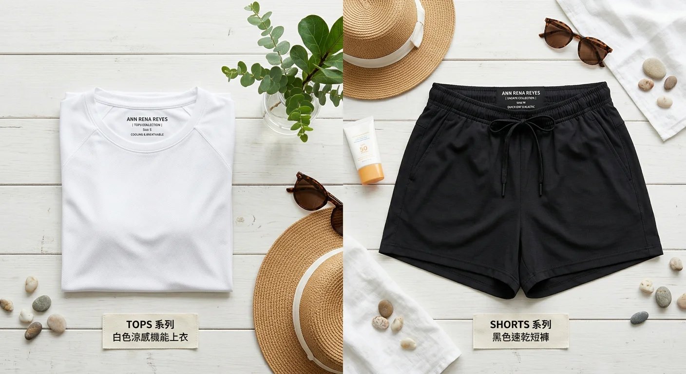 ANN RENA REYES 夏季產品平面展示：左側是白色涼感機能上衣（TOPS 系列），右側是黑色速乾短褲（SHORTS 系列），搭配放置的小葉植物和夏天清爽感道具，乾淨清爽的風格