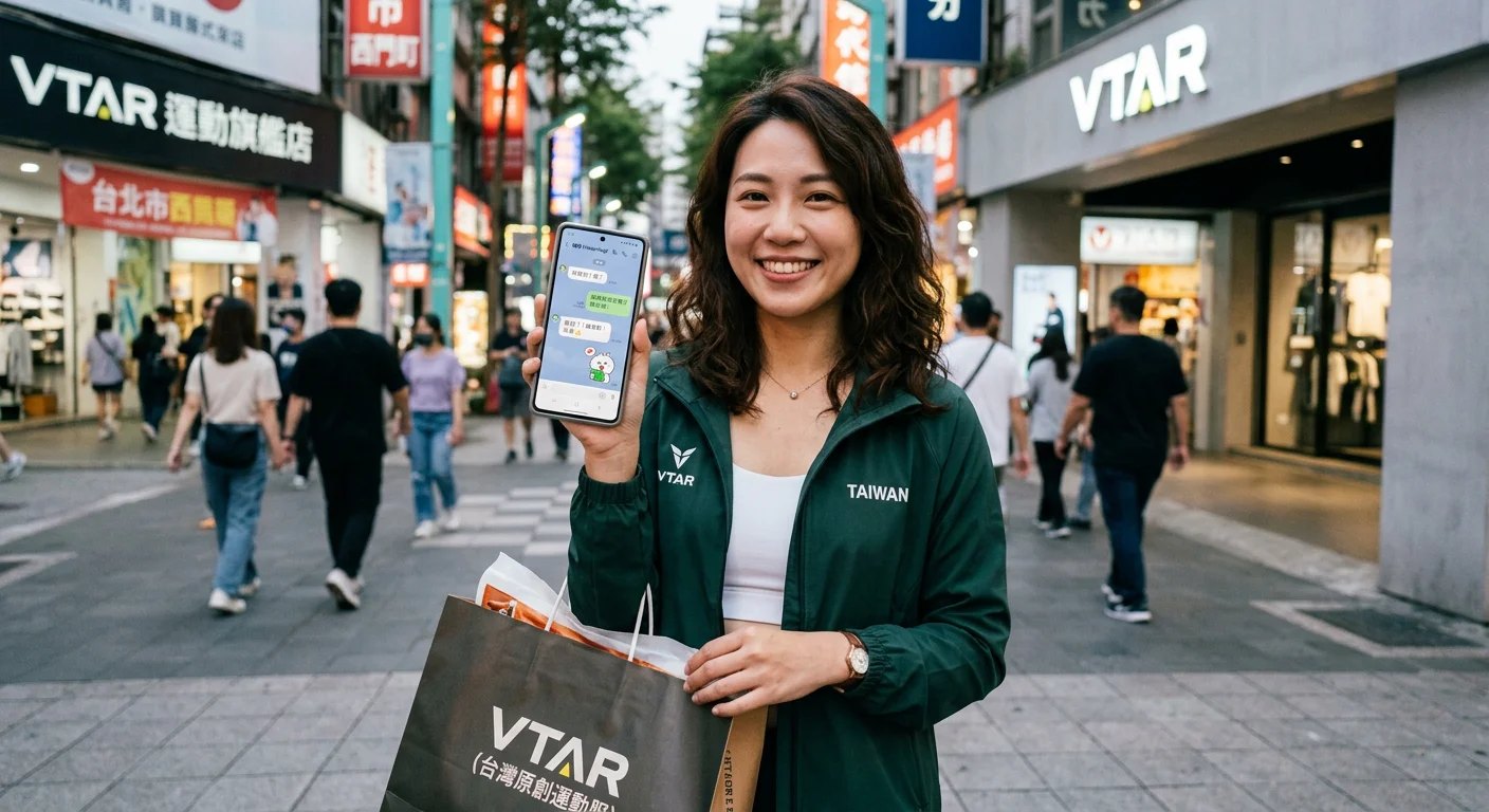 台灣女性手拿智慧型手機和 LINE 聊天介面，背景是她剛買到的台灣品牌運動服，滿意的表情