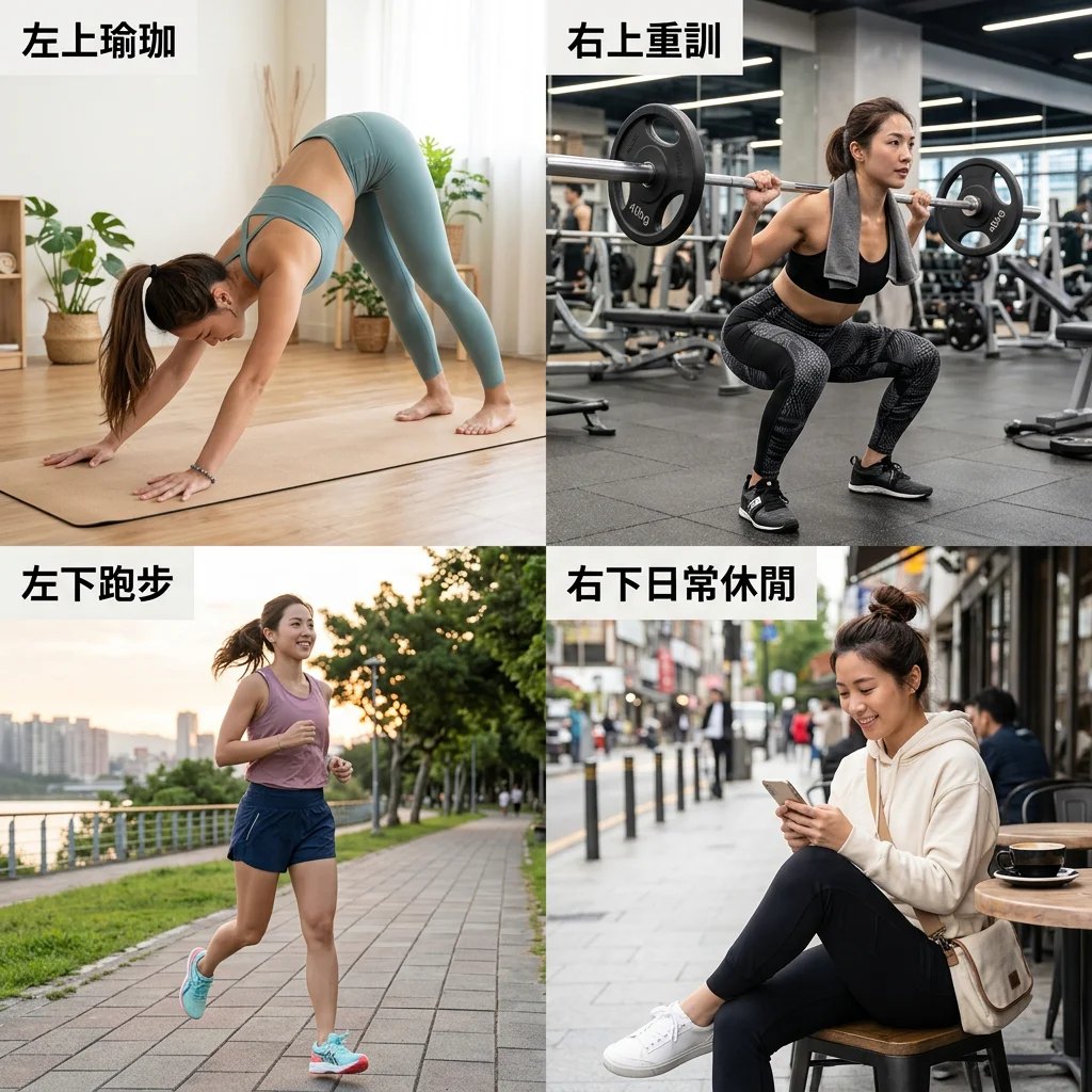 四格對照圖，分別呈現女性在瑜珈、重訓、跑步、日常休閒四種場景的運動服穿搭