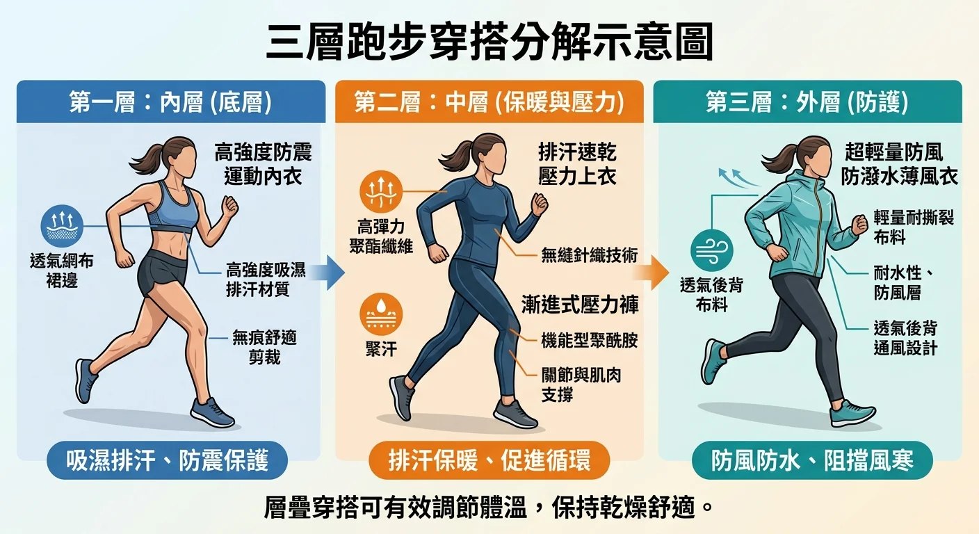 三層跑步穿搭分解示意圖，從內到外展示防震內衣、排汗壓力褲上衣、薄風衣，搭配清晰的材質標註