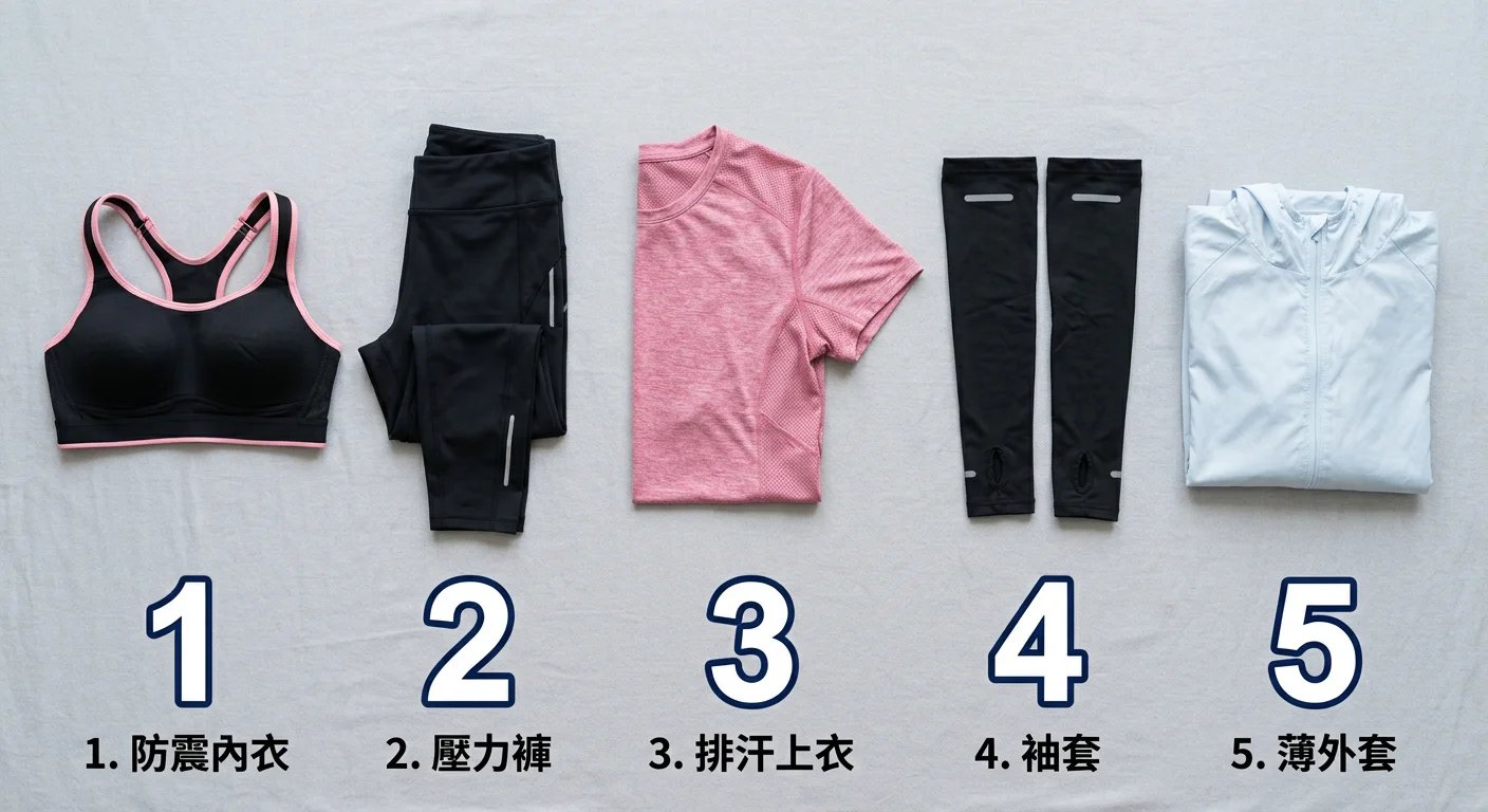 初跑者跑步穿搭採購清單示意圖，五件單品整齊排列：防震內衣、壓力褲、排汗上衣、袖套、薄外套，下方有清晰的數字標示