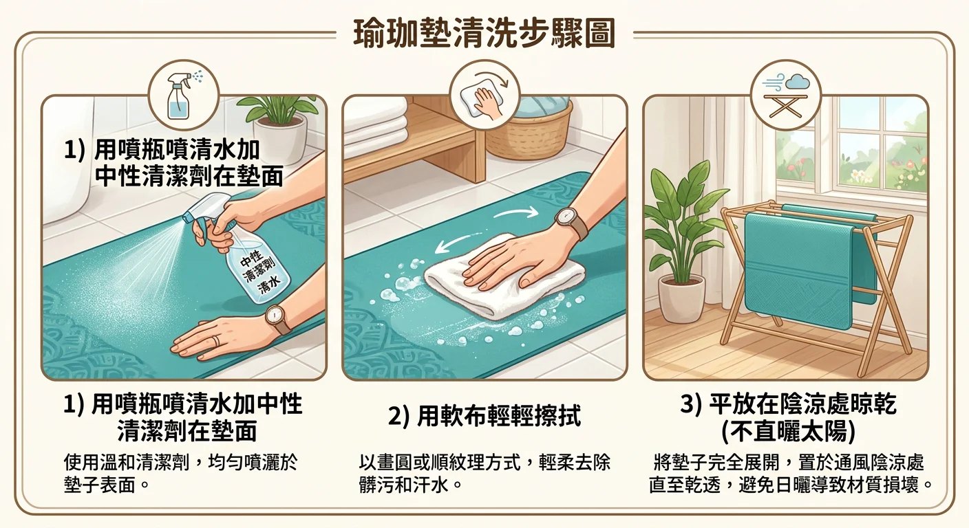 瑜珈墊清洗步驟圖，三格分鏡：1) 用噴瓶噴清水加中性清潔劑在墊面；2) 用軟布輕輕擦拭；3) 平放在陰涼處晾乾（不直曬太陽）。每格有文字說明