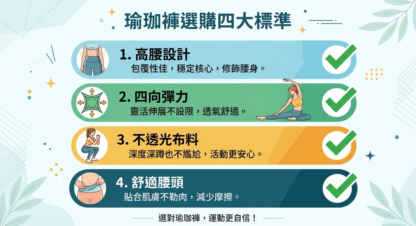 瑜珈褲選購四大標準 checklist 圖示：高腰設計、四向彈力、不透光布料、舒適腰頭，每項旁邊有打勾圖示，排版清爽