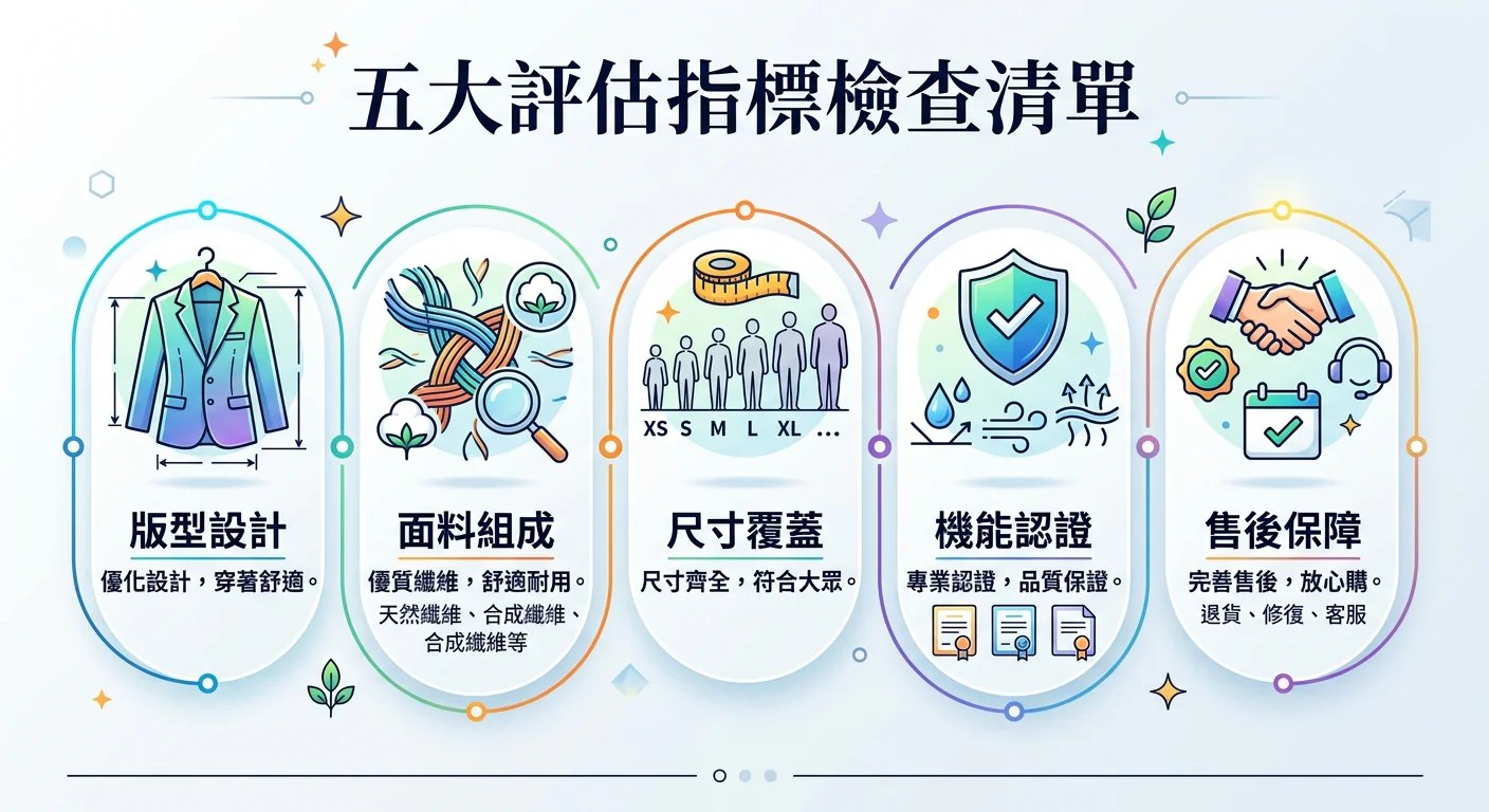 五大評估指標檢查清單圖示，每個指標有小圖示和說明文字，列出版型設計、面料組成、尺寸覆蓋、機能認證、售後保障五項，清晰整潔設計
