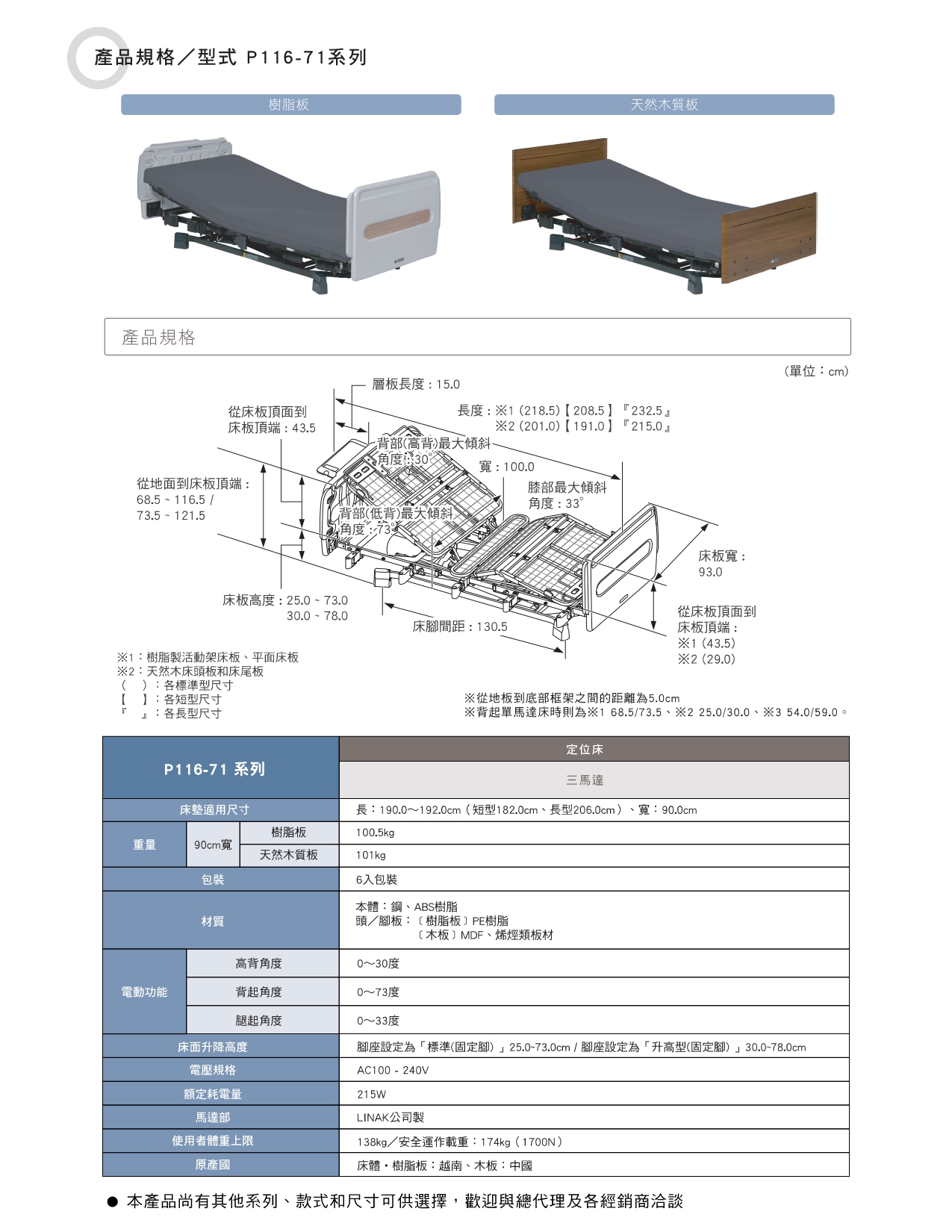 (規格表) 悠肯醫療 Yocaro P116-71 系列定位床三馬達規格、尺寸、電動功能角度、LINAK 馬達參數表。