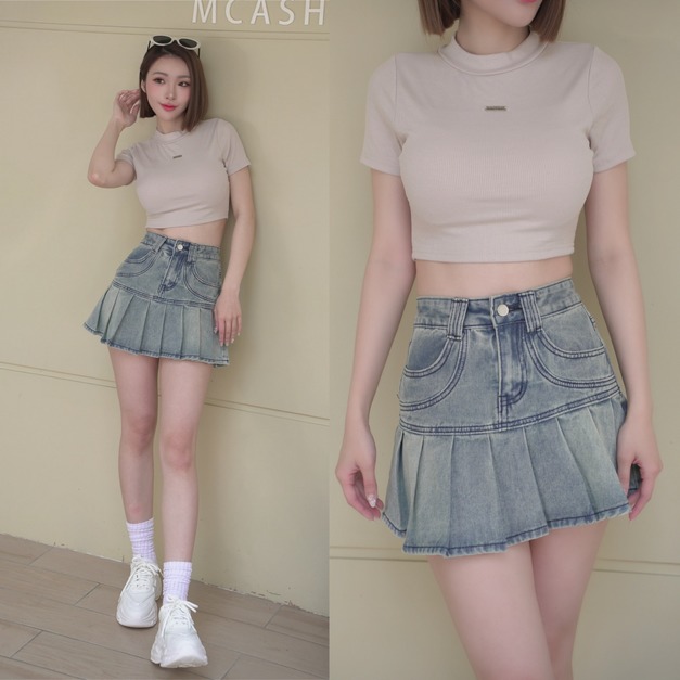 ➤時髦刷色牛仔百褶裙內有安全褲S-XL