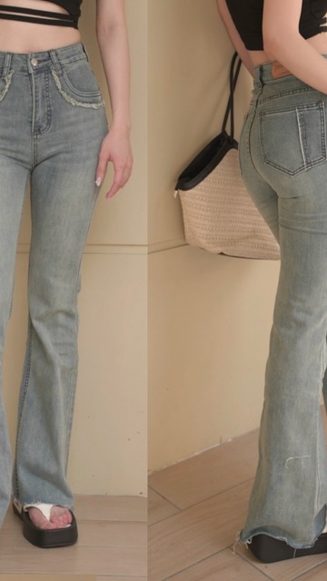 ➤時髦口袋抽鬚牛仔喇叭褲S-XL