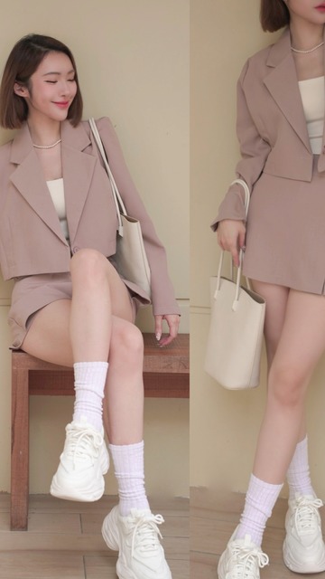 ➤透氣西裝短外套搭配側邊開岔鬆緊短褲裙(3色)