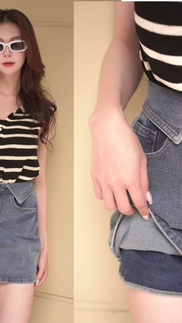 ➤造型反折A字牛仔短裙內有安全褲S-XL