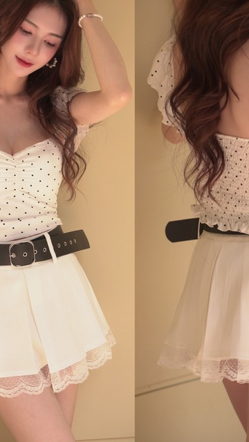 ➤夏日小清新點點造型可以一字領短版上衣(2色)