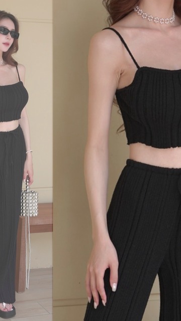 ➤細肩針織平口胸墊背心搭配寬褲 (3色)