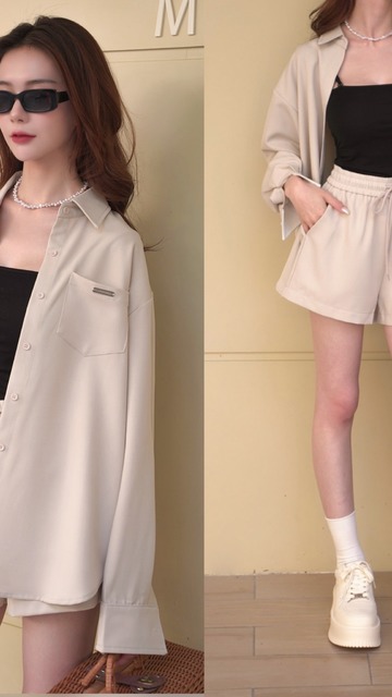 慵懶長襯點綴銀色小標搭配鬆緊短褲 (4色)