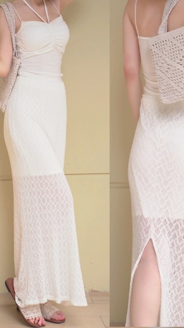 氣質緹花鬆緊開岔長裙(2色)