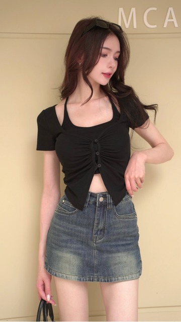 ➤A字彈力牛仔短裙有安全褲 S-XL