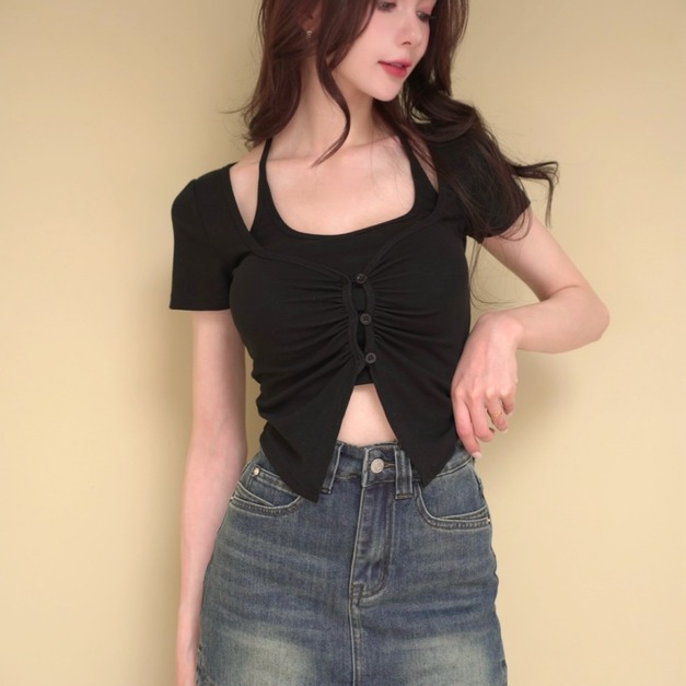 ➤A字彈力牛仔短裙有安全褲 S-XL