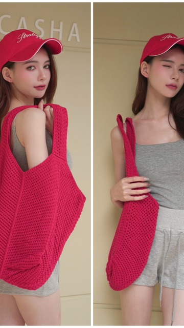 ➤超出片紅色針織網格渡假提袋