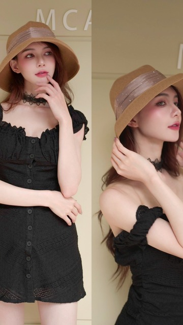 ➤法式鑽面緞帶圓頂時尚草帽(2色)