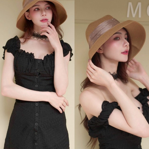 ➤法式鑽面緞帶圓頂時尚草帽(2色)