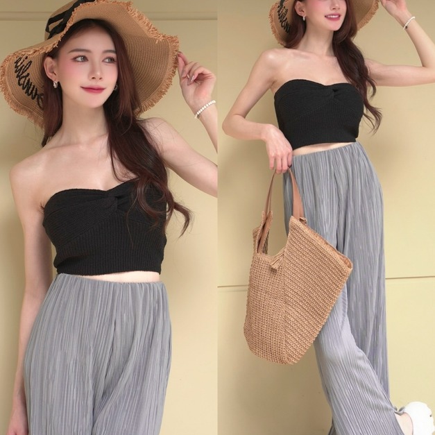 ➤度假風平口針織扭結抹胸 (4色)