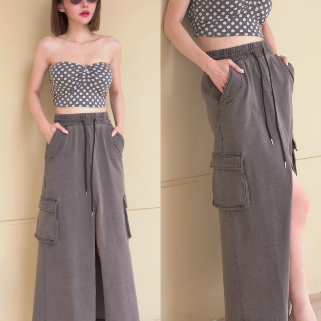 ➤水洗風鬆緊抽繩開岔牛仔長裙