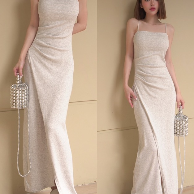 ➤就讓小腹消失細肩顯瘦抓皺氣質長洋(5色)