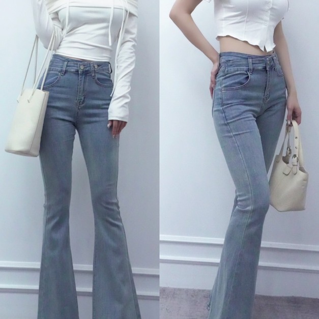 ➤褲頭造型時髦牛仔彈力喇叭長褲S-XL