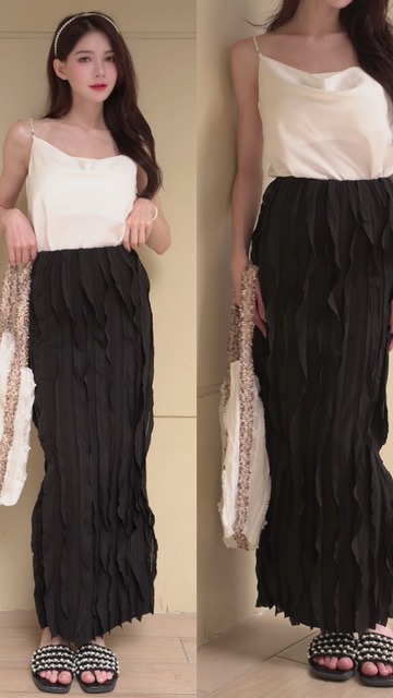 ➤時髦立體波浪涼爽彈力長裙