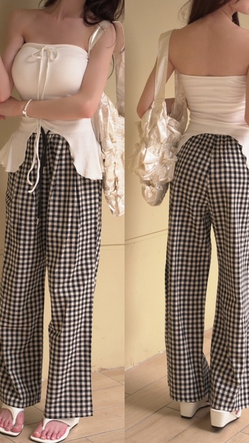 ➤抽繩格紋棉麻寬褲(2色)